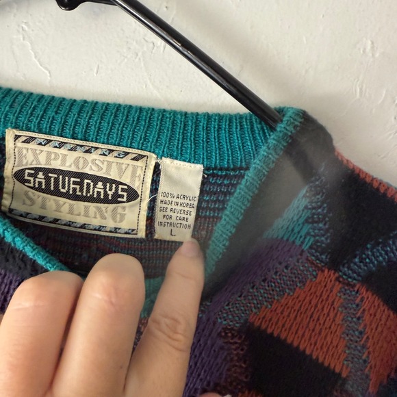 Vintage 80s Saturdays Explosive‎ Sweater Geometric Triangle Pattern Grandpa Core - Picture 6 of 9